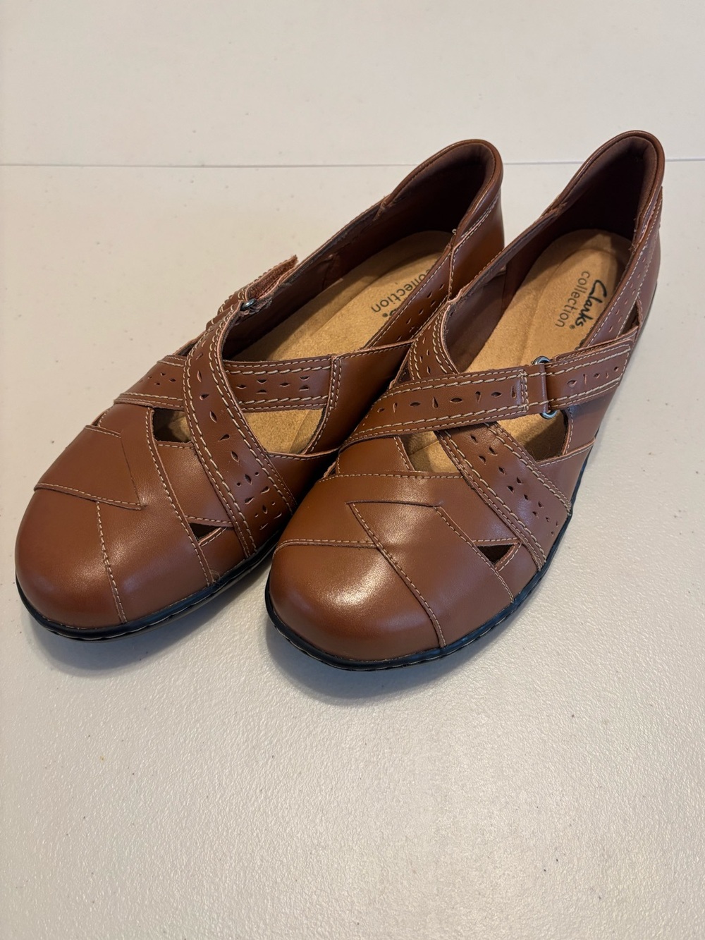 Clarks Brown Leather Cross-Strap Slip-On Flats